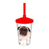 Copo Raças Pug Com Tampa e Canudo 750ml